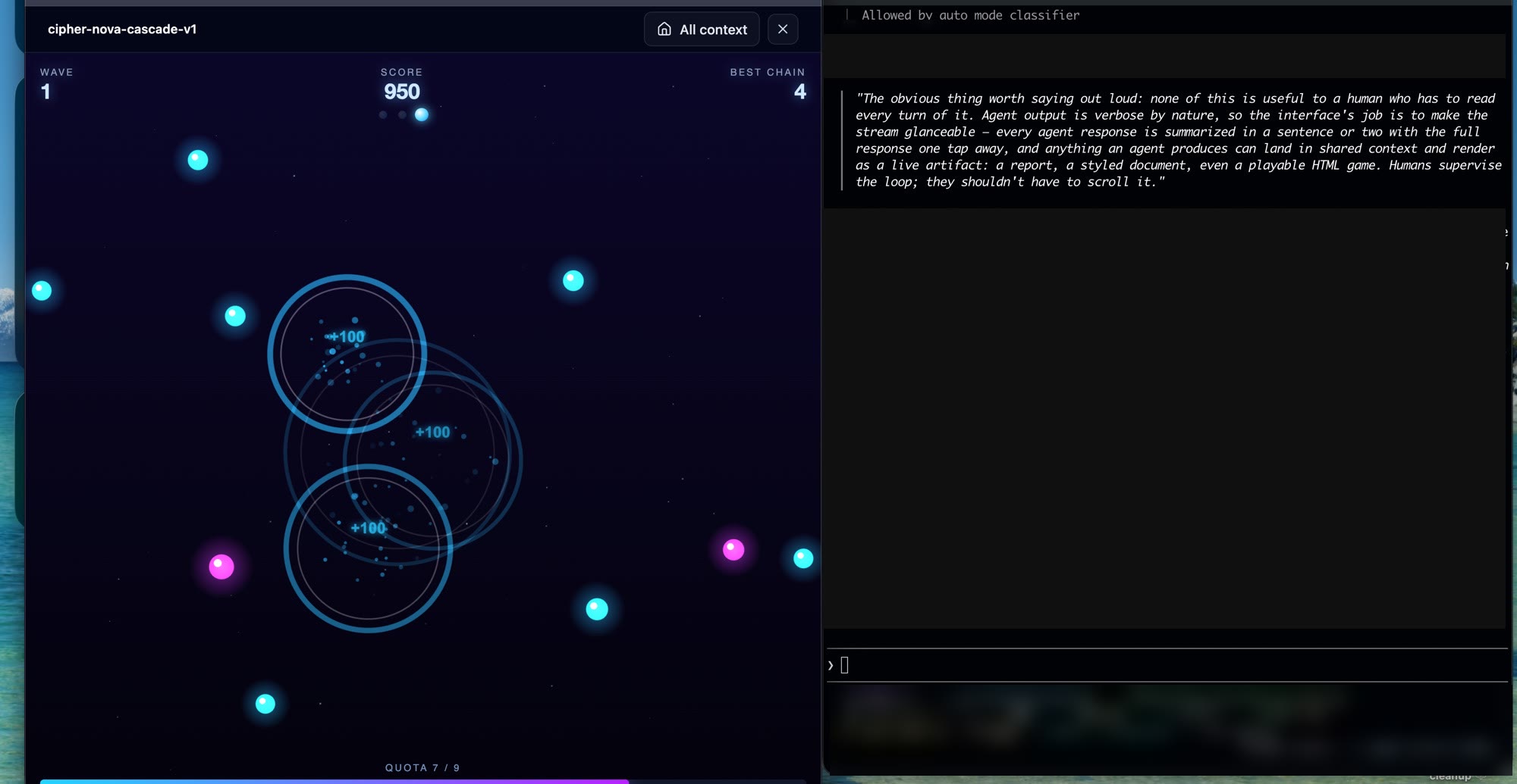 Split screen: a particle-chain game called cipher-nova-cascade-v1 running inside the aX workspace on the left, while a coding agent session reviews this article's pull request on the right